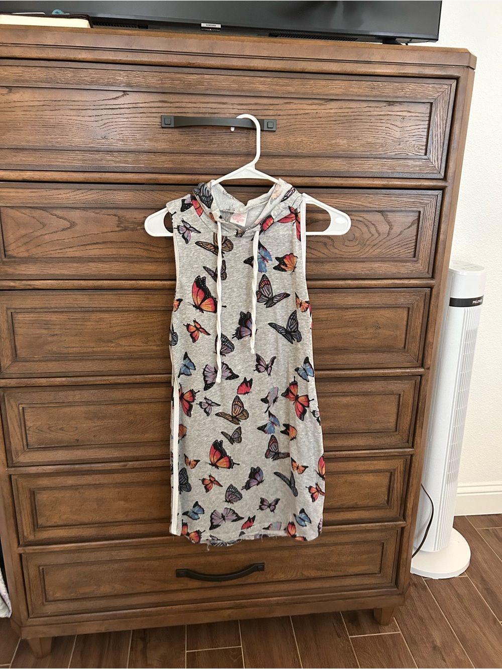 No Boundaries Gray Sleeveless Hoodie Dress with Colorful Butterfly Print